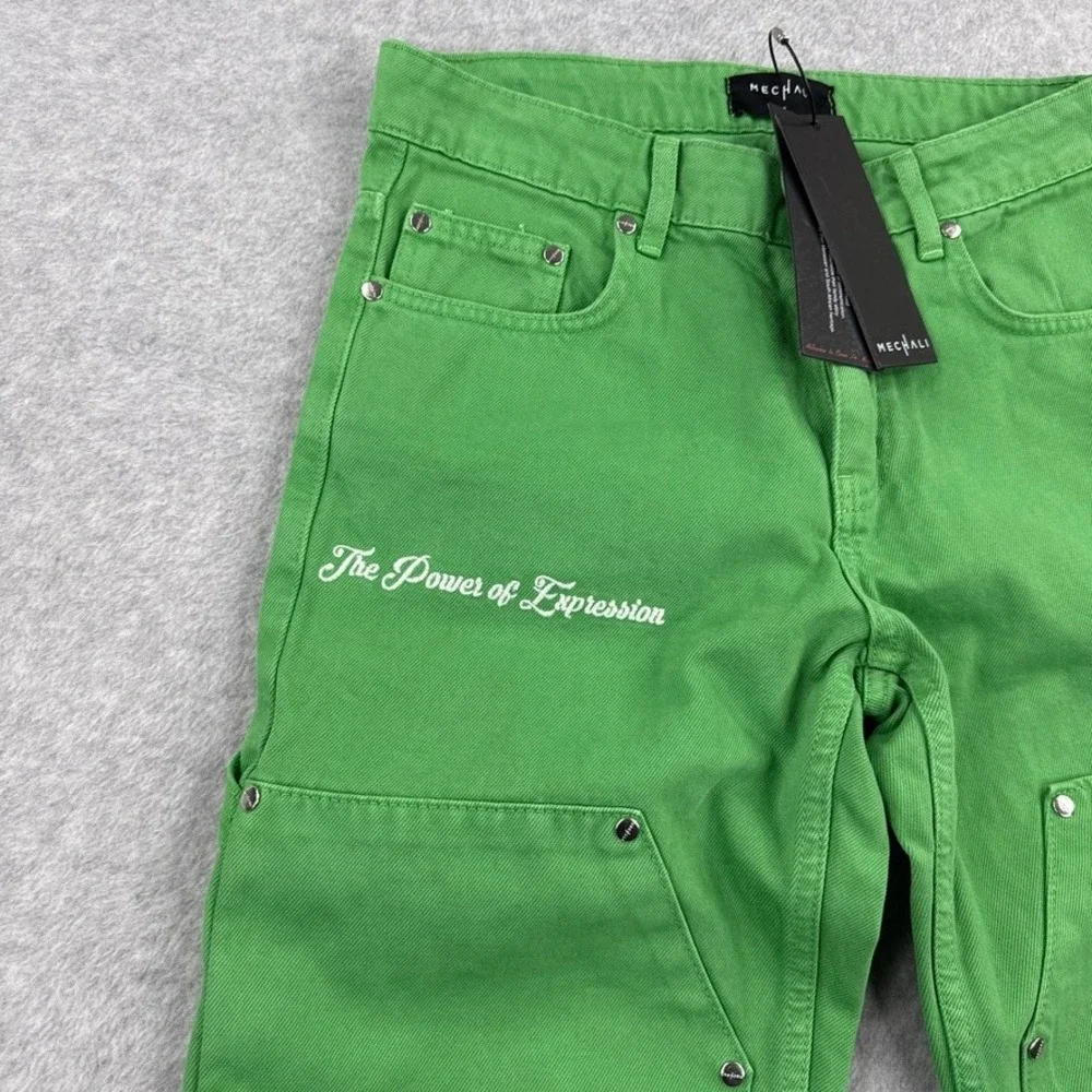 Mechali Jeans Womens Small Green Double Knee Carpenter Embroidered Streetwear - Picture 4 of 14